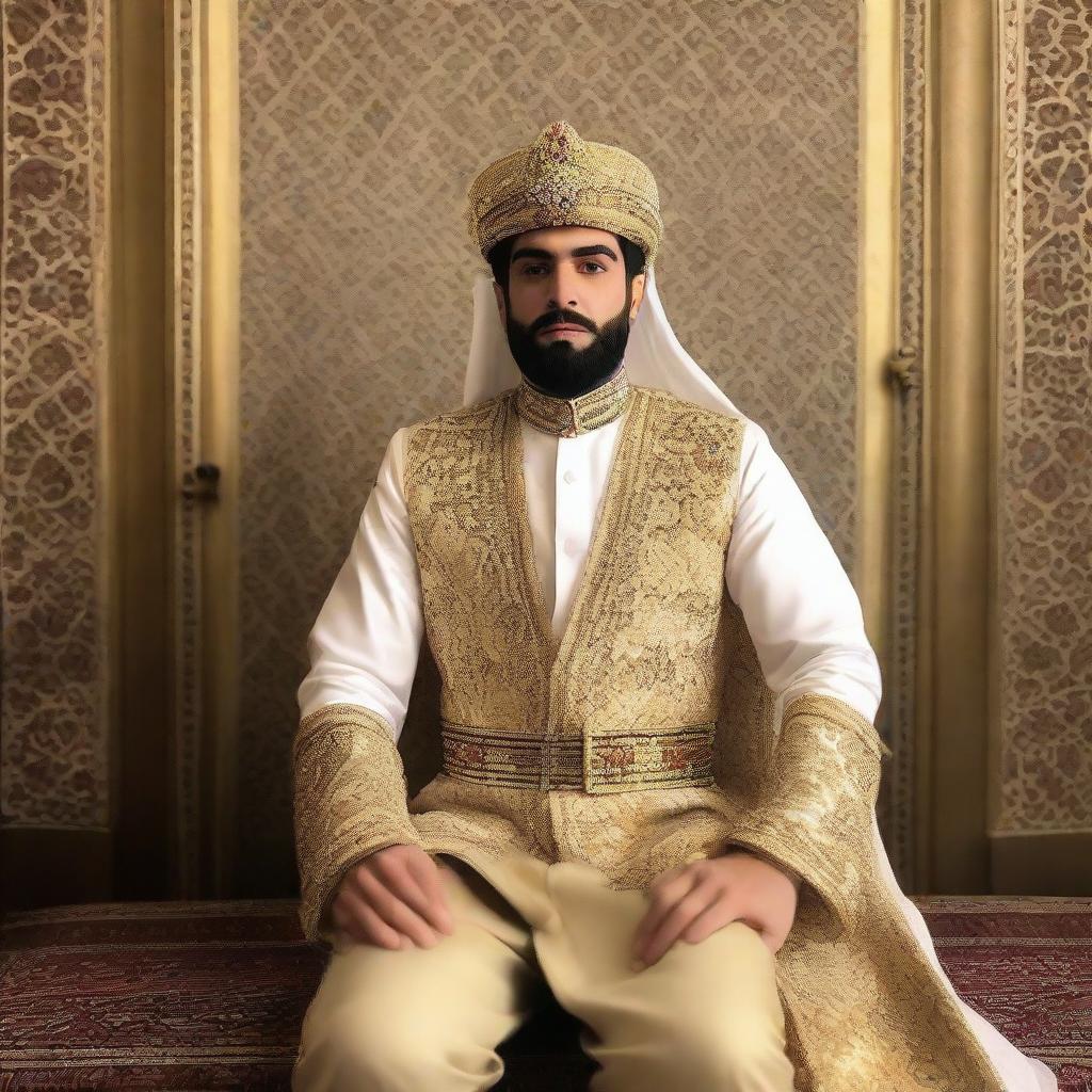 A 22-year-old man dressed in a blend of modern and traditional Iranian attire, portraying an air of anticipation and readiness to ascend the throne as the King of Iran in a post-2025 setting.