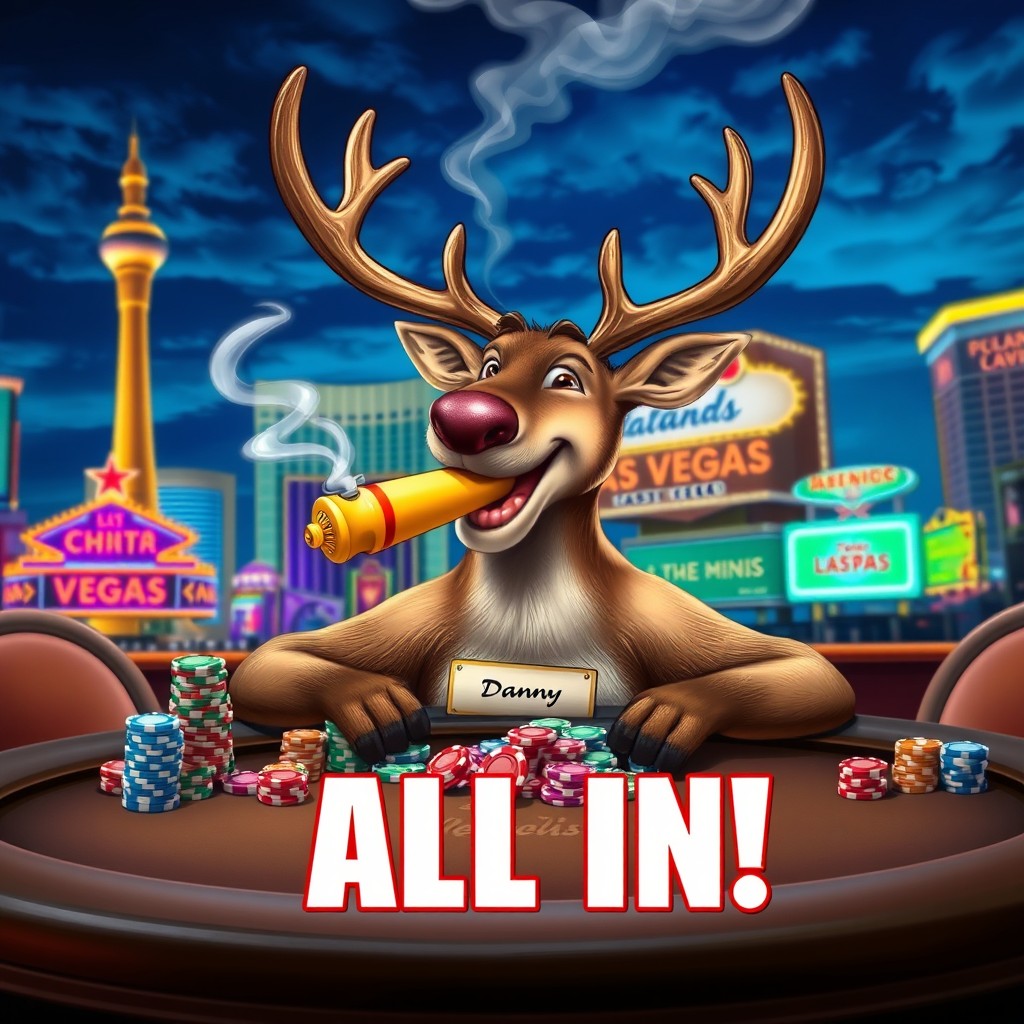 A whimsical scene featuring a reindeer with 8 points on its antlers, sitting confidently at a poker table surrounded by a large pile of colorful poker chips