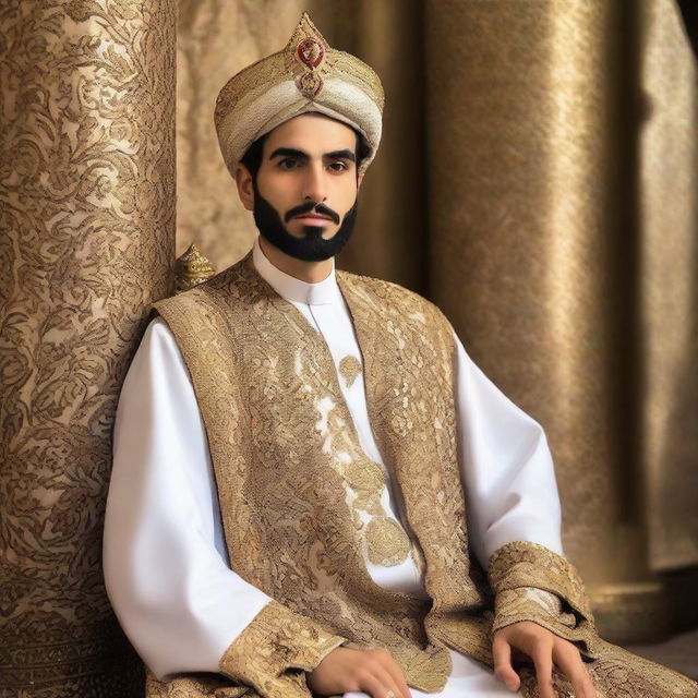 A 22-year-old man dressed in a blend of modern and traditional Iranian attire, portraying an air of anticipation and readiness to ascend the throne as the King of Iran in a post-2025 setting.