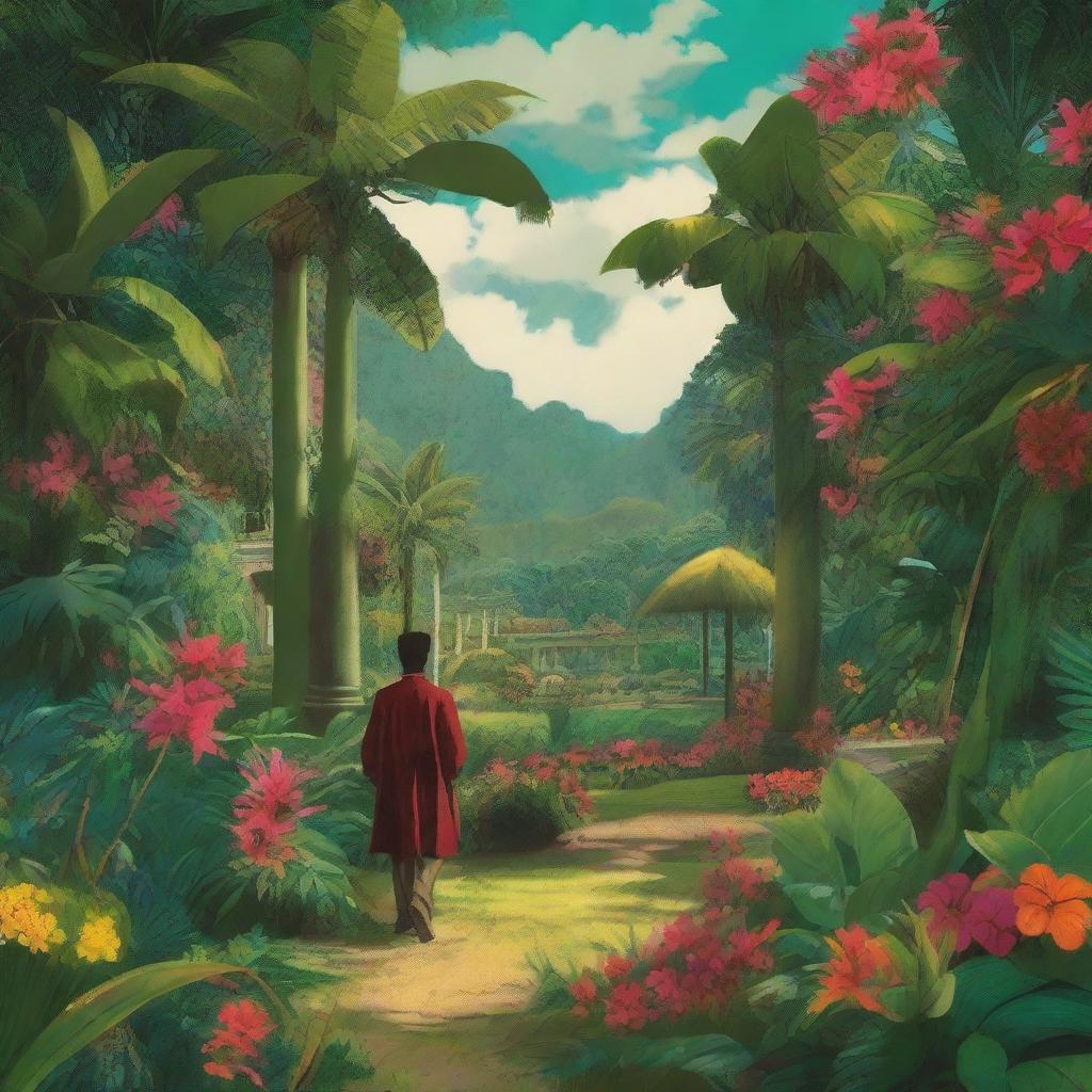 A high-quality digital art depicting a lush, tropical garden symbolizing the colonial-era Philippines