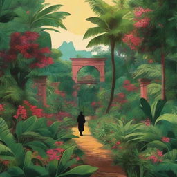 A high-quality digital art depicting a lush, tropical garden symbolizing the colonial-era Philippines