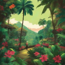 A high-quality digital art depicting a lush, tropical garden symbolizing the colonial-era Philippines