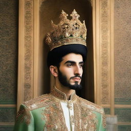 A 22-year-old man, positioned as the King of Iran post-revolution. Distinctly dressed in modern yet symbolically traditional attire that signifies positive change, amid an elaborate setting that echoes the aura of new beginnings.