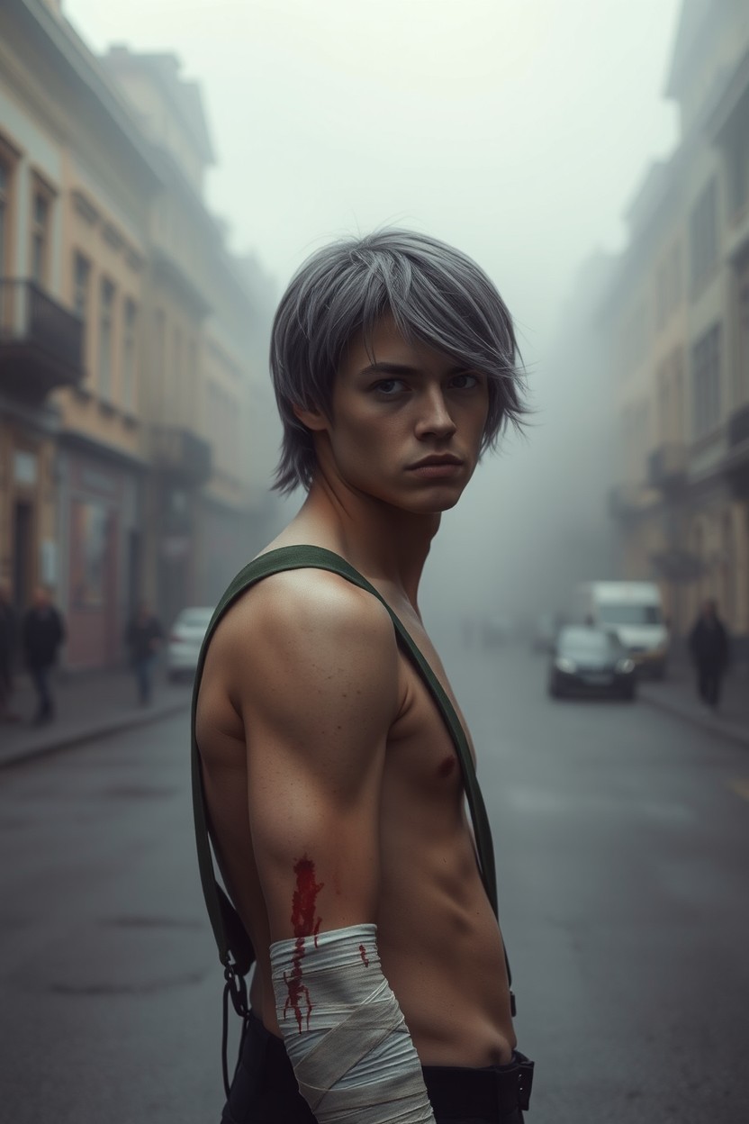 A slim 19-year-old soldier standing on the street of a foggy city in the Czech Republic