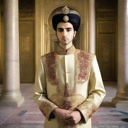 A 22-year-old man, positioned as the King of Iran post-revolution. Distinctly dressed in modern yet symbolically traditional attire that signifies positive change, amid an elaborate setting that echoes the aura of new beginnings.