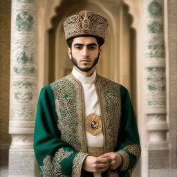 A 22-year-old man, positioned as the King of Iran post-revolution. Distinctly dressed in modern yet symbolically traditional attire that signifies positive change, amid an elaborate setting that echoes the aura of new beginnings.