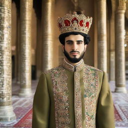 A 22-year-old man, positioned as the King of Iran post-revolution. Distinctly dressed in modern yet symbolically traditional attire that signifies positive change, amid an elaborate setting that echoes the aura of new beginnings.