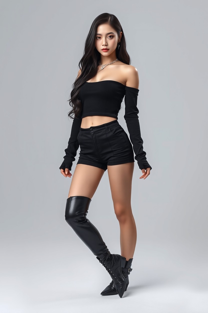 full-body ultra-realistic portrait of a stunning young Korean idol, aged 21-22, characterized by elegance, charisma, and natural captivating beauty