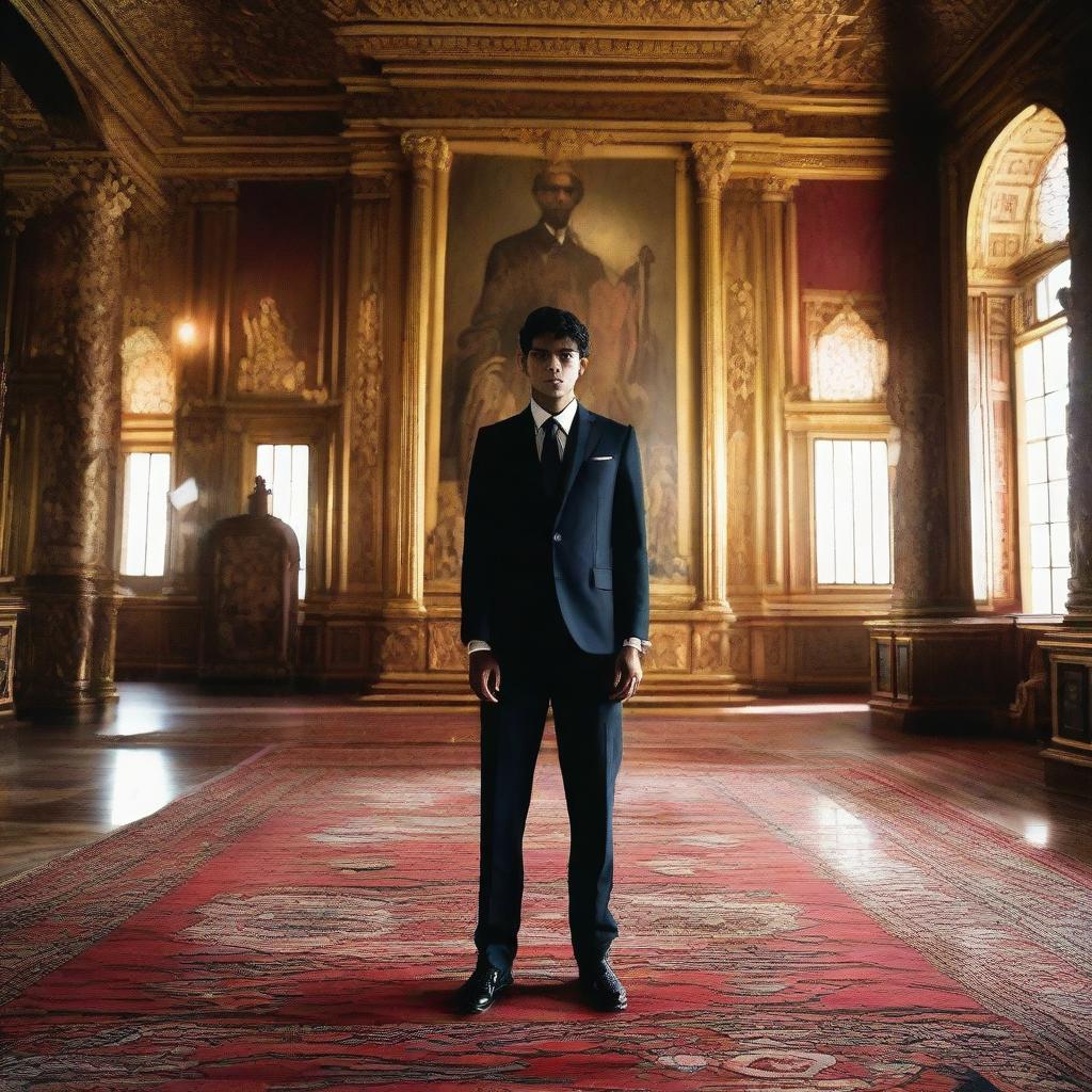 A young 22-year-old man exuding an aura of power and intimidation, positioned in a grand room filled with symbols of influence implying his feared stature by the global community.