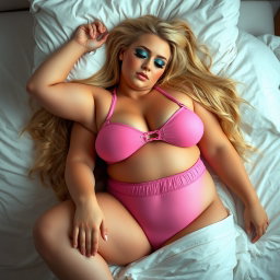 A full-length photographic image of a voluptuously curvy and beautiful young woman with thick long blond hair, peacefully sleeping in bed
