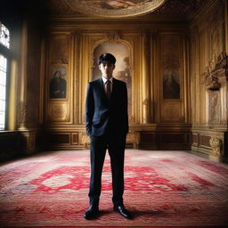 A young 22-year-old man exuding an aura of power and intimidation, positioned in a grand room filled with symbols of influence implying his feared stature by the global community.