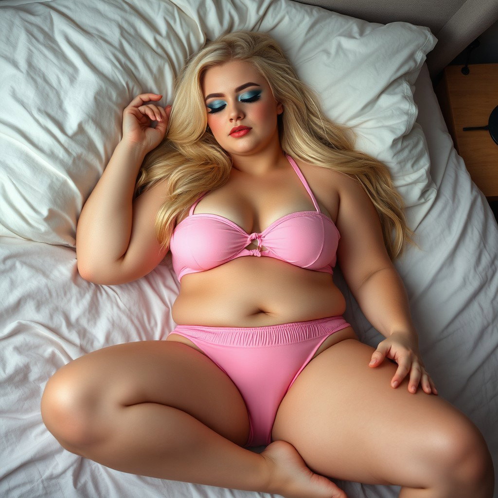 A full-length photographic image of a shapely thick and voluptuously curvy young woman with thick long blond hair, peacefully sleeping in bed