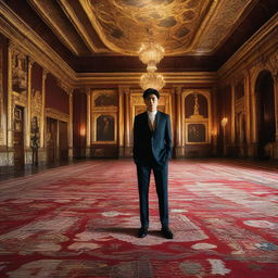 A young 22-year-old man exuding an aura of power and intimidation, positioned in a grand room filled with symbols of influence implying his feared stature by the global community.