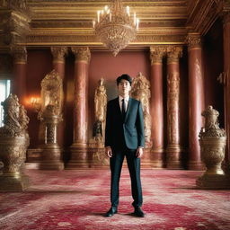 A young 22-year-old man exuding an aura of power and intimidation, positioned in a grand room filled with symbols of influence implying his feared stature by the global community.