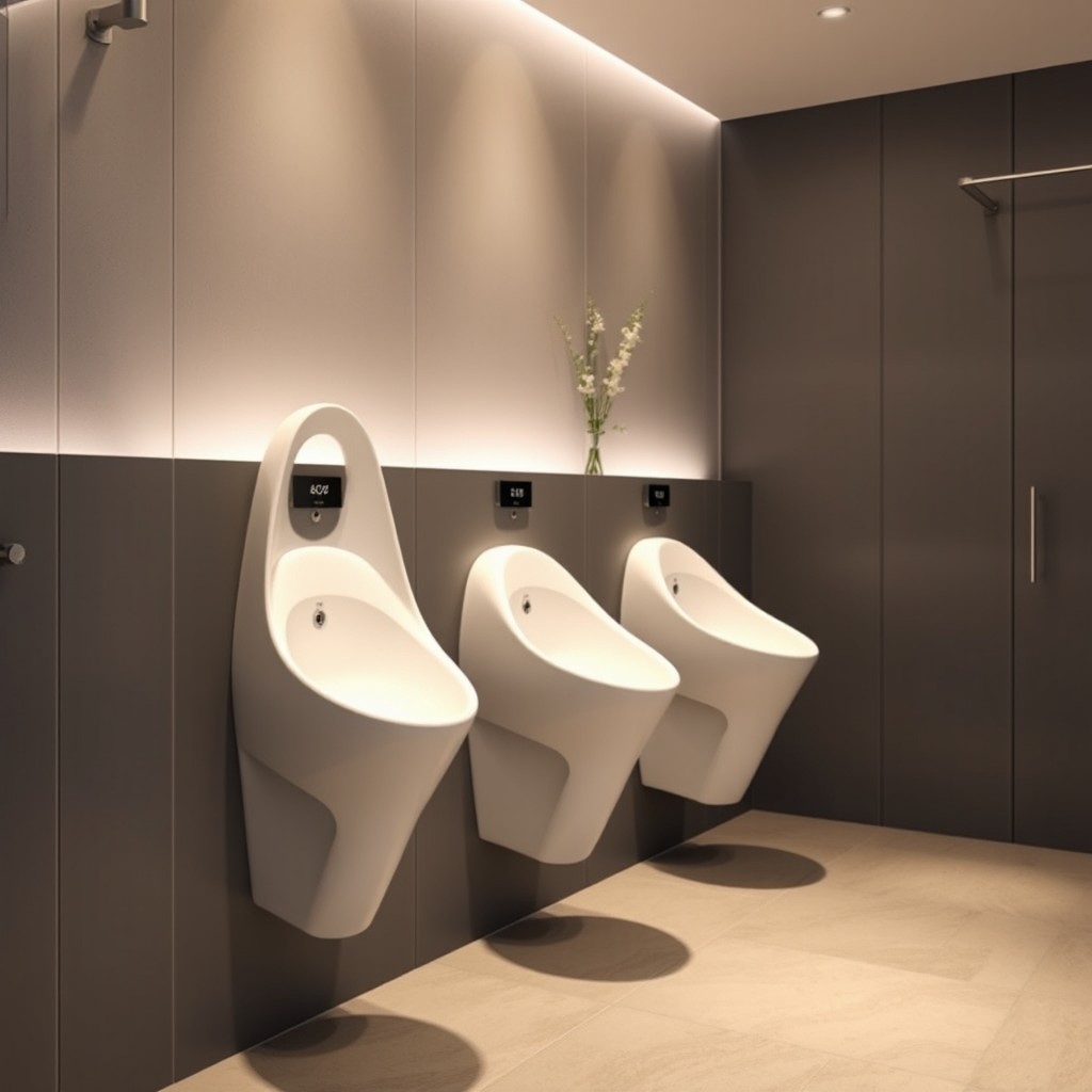 A modern women's urinal design in a clean and contemporary restroom setting, showcasing innovative features to enhance comfort and privacy