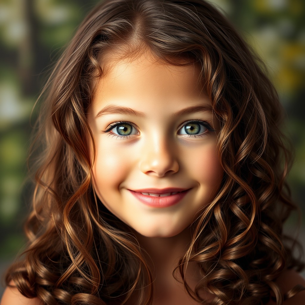 A portrait of a young girl with layers of curly brown hair cascading around her shoulders
