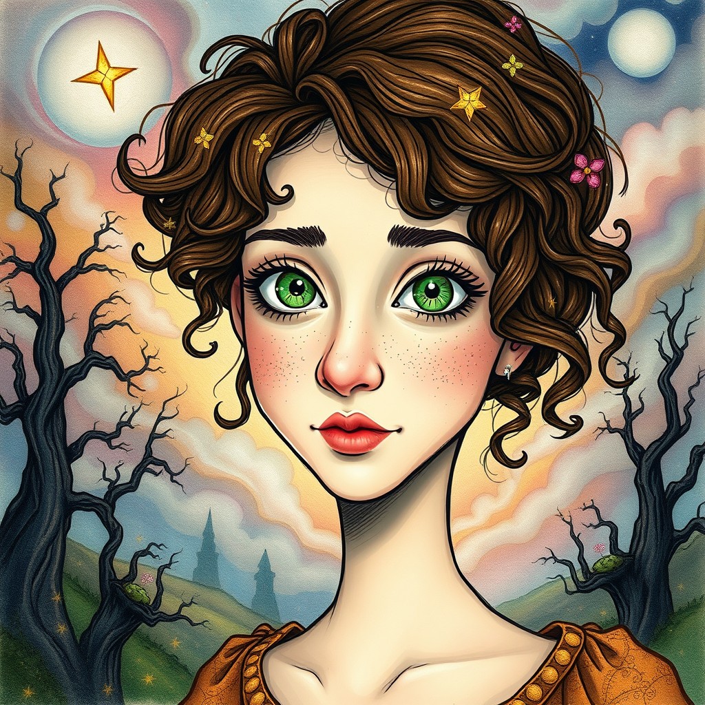 A mystical portrait of a young woman in her mid-twenties, illustrated with a deliberately sloppy, artistic style