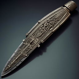 An intricately designed ancient knife, possessing a sense of wondering mystery imbued in its craftsmanship.