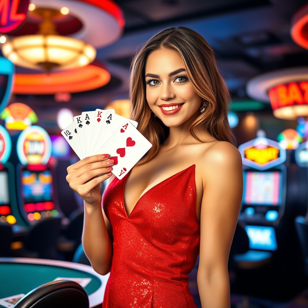 A glamorous casino girl in a lively casino background, confidently holding three poker cards in one hand while wearing a shiny red V-cut party frock that catches the light beautifully