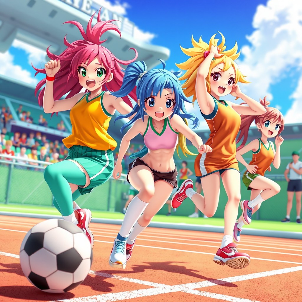 A dynamic 3D illustration featuring a group of vibrant anime girl athletes in action, showcasing various sports like soccer, basketball, and track