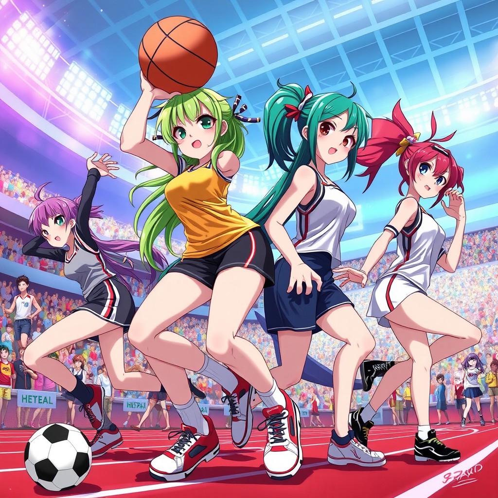 A captivating 2D illustration of anime girl athletes, showcasing a variety of sports such as soccer, basketball, and track