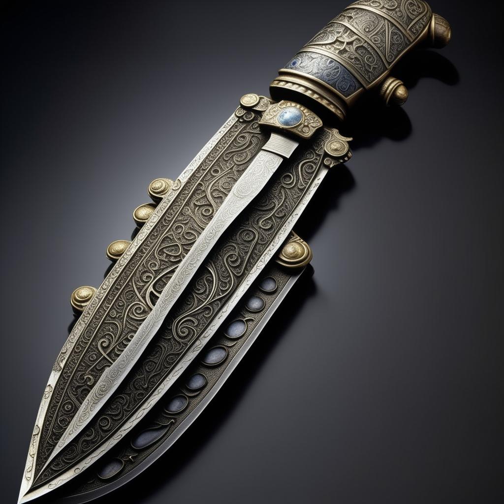 An intricately designed ancient knife, possessing a sense of wondering mystery imbued in its craftsmanship.