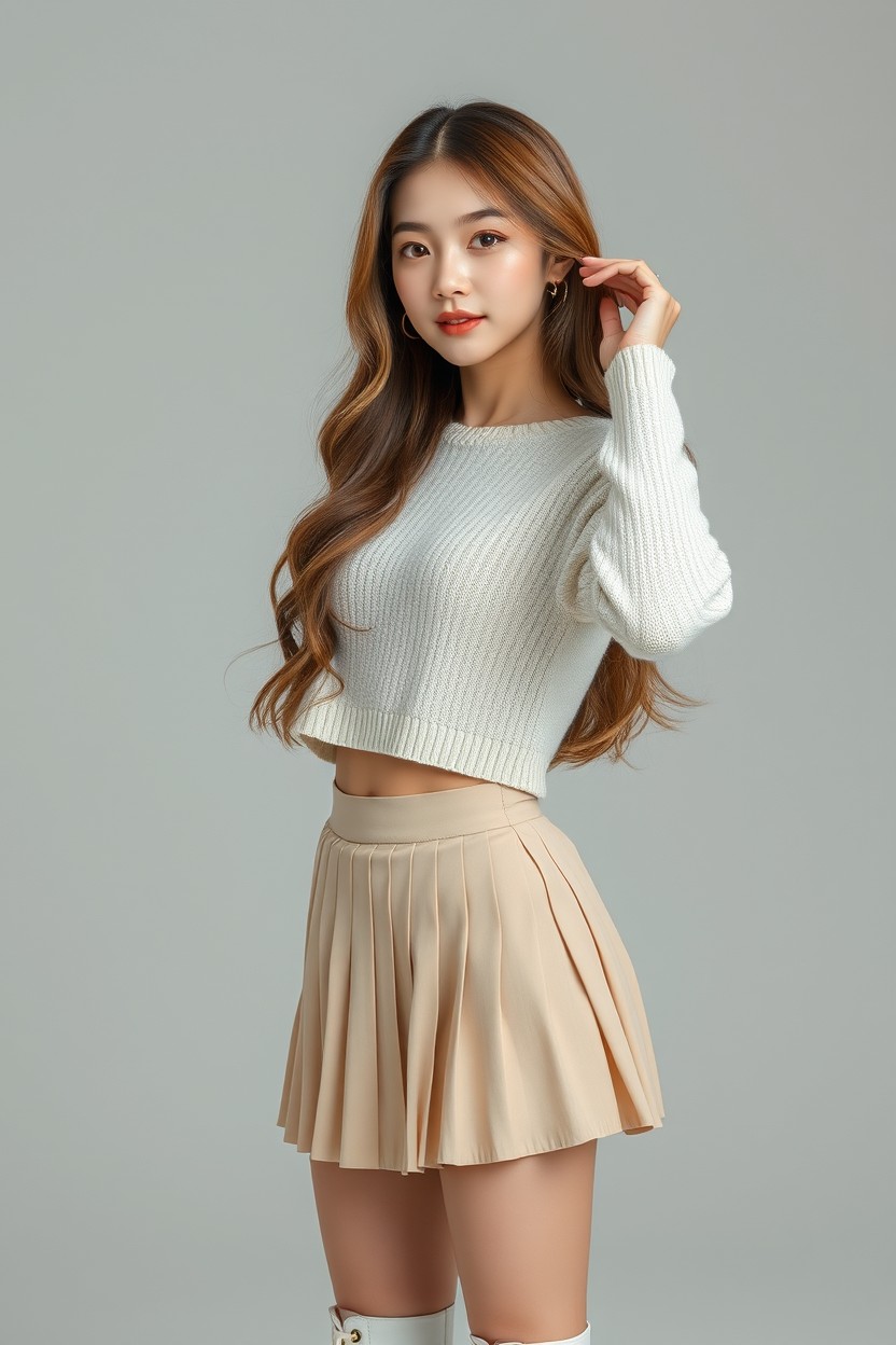 Full-body ultra-realistic portrait of a young Korean idol, age 21, depicted with soft and warm beauty
