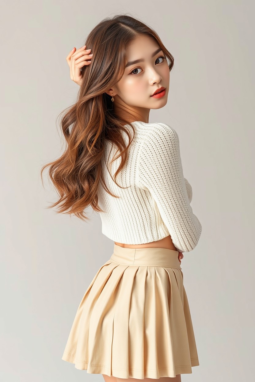 Full-body ultra-realistic portrait of a young Korean idol, age 21, showcasing soft and warm beauty