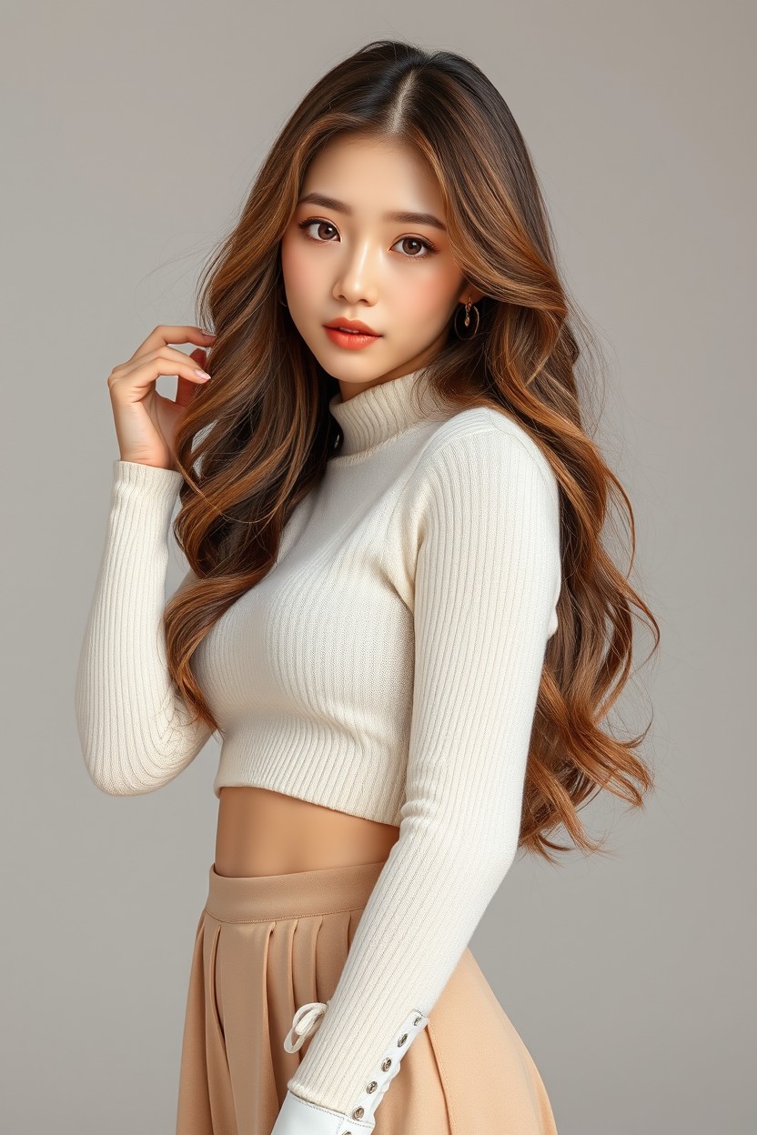 Full-body ultra-realistic portrait of a young Korean idol, age 21, characterized by soft and warm beauty
