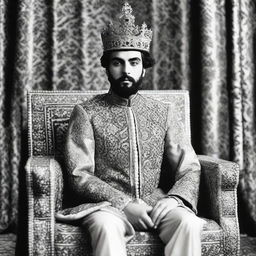 A 22-year-old man, draped in royal attire, sits on the throne as the newly crowned King of Iran post revolution, in a grand palace setting with Persian motifs.