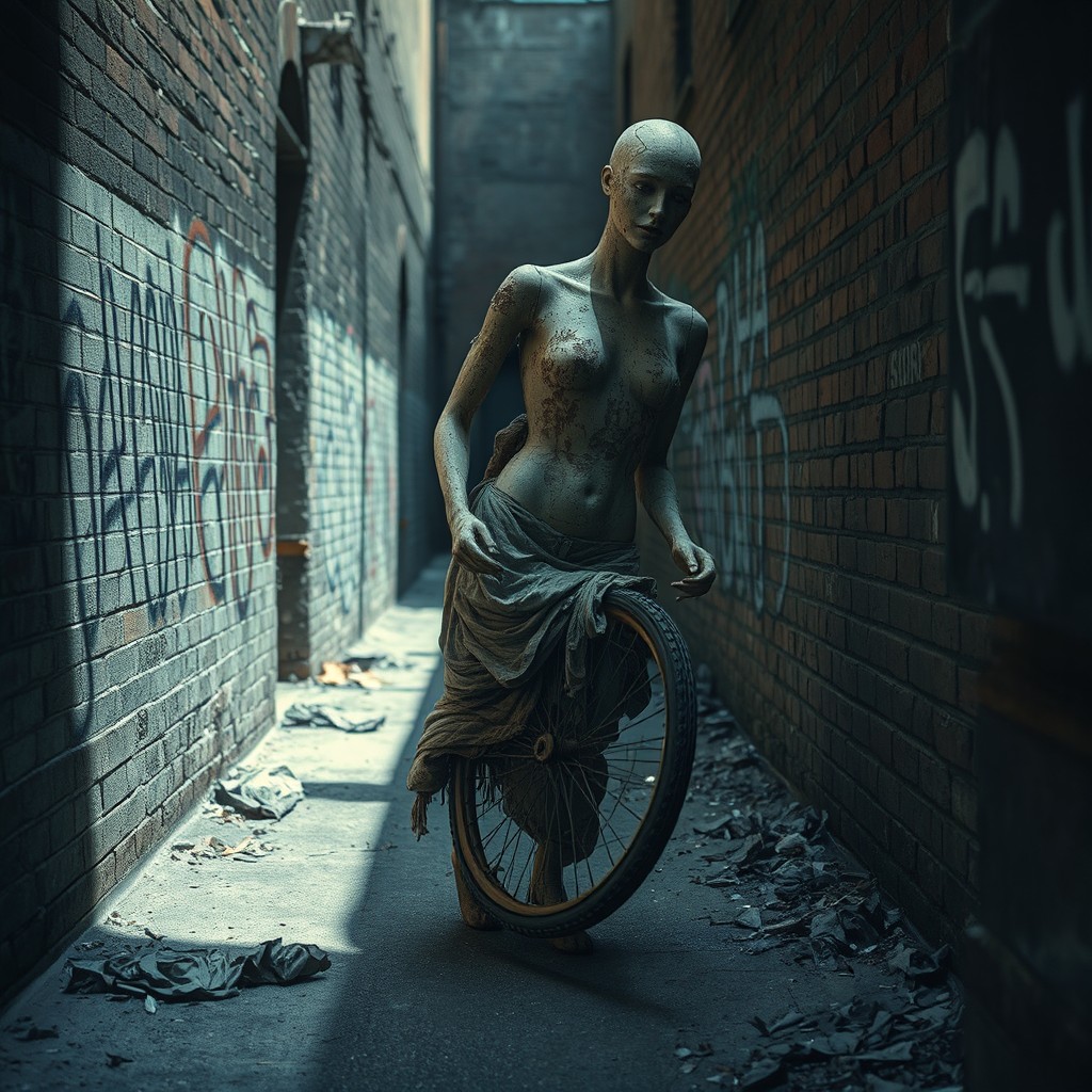A rotting mannequin twisted into a wheel shape, covered in decaying fabric and exposed metal, rolling down a narrow, dimly lit alleyway