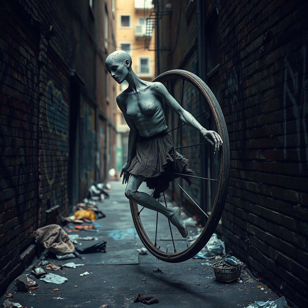 A rotting mannequin twisted into a wheel shape, featuring peeling paint and tattered clothing, gracefully rolling down a shadowy alley