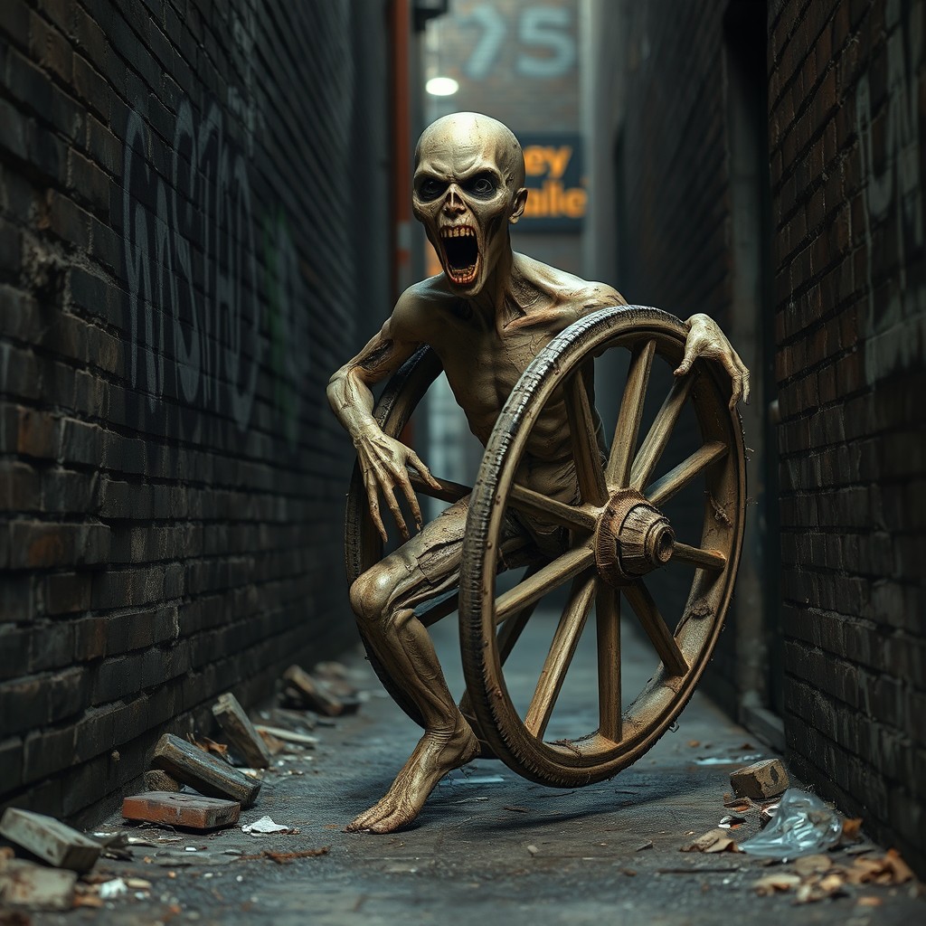 A rotting, mulchy mannequin twisted into the shape of a wheel, its limbs appearing mangled and contorted