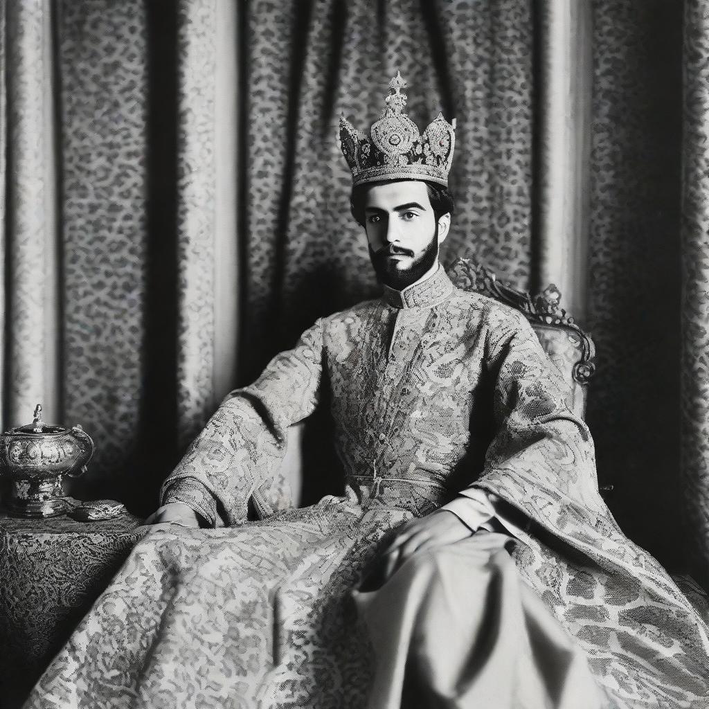 A 22-year-old man, draped in royal attire, sits on the throne as the newly crowned King of Iran post revolution, in a grand palace setting with Persian motifs.