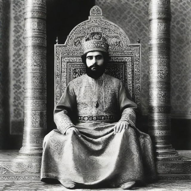 A 22-year-old man, draped in royal attire, sits on the throne as the newly crowned King of Iran post revolution, in a grand palace setting with Persian motifs.