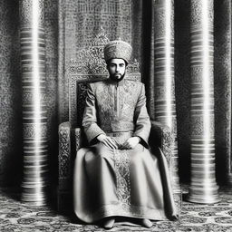 A 22-year-old man, draped in royal attire, sits on the throne as the newly crowned King of Iran post revolution, in a grand palace setting with Persian motifs.