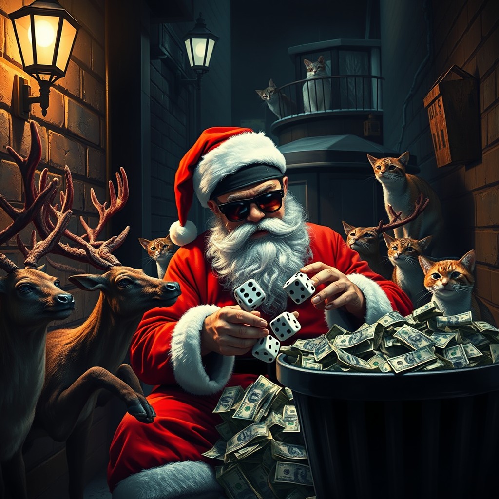 Santa Claus rolling dice while wearing dark sunglasses and a Blues Brothers-style dark black hat