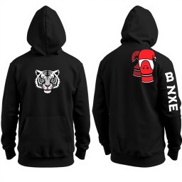 A black hooded sweatshirt with a front pocket, shown in two views: one from the back and one from the front