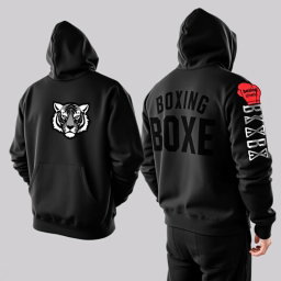 A black hooded sweatshirt with a front pocket, shown in two views: one from the back and one from the front