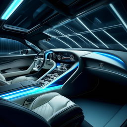 A stunning 8K resolution and 1080HP picture quality impression of the interior of a futuristic Bentley supercar by Mansory. Visualizing high-quality white and royal blue leather, transparent glass elements, illuminated by neon blue specs crafting an ambiance of high-tech luxury.