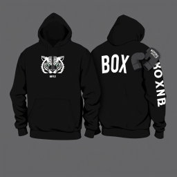 A black hooded sweatshirt with a front pocket, shown in two views: one from the back and one from the front