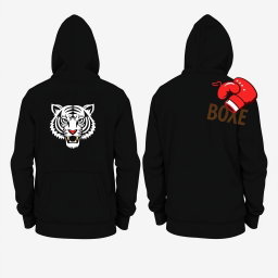 A black hooded sweatshirt with a front pocket, shown in two views: one from the back and one from the front