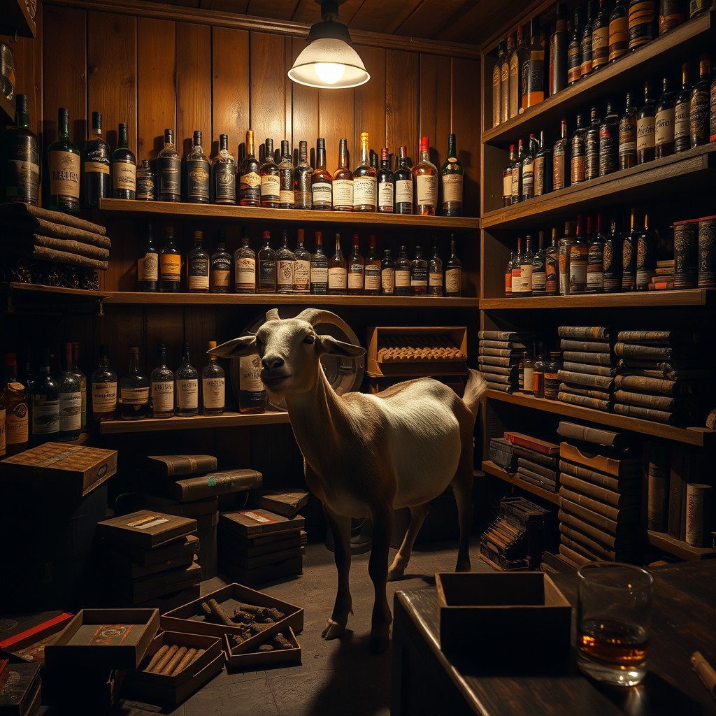 An adult goat standing in a dimly lit basement filled with a variety of cigars and whiskey bottles stacked on wooden shelves