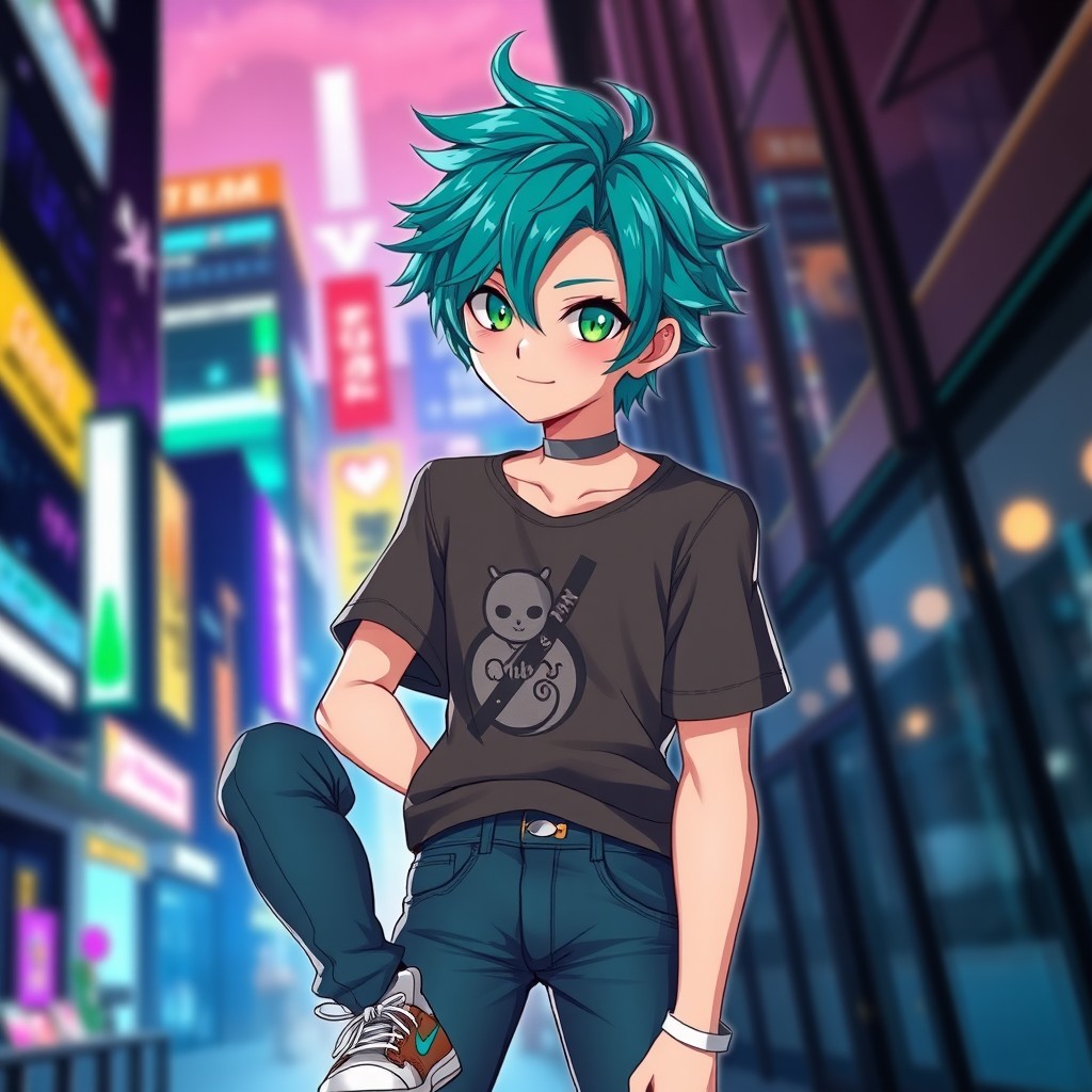 A striking anime femboy character with a blend of traditionally masculine and feminine features