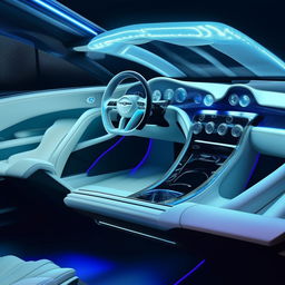 A stunning 8K resolution and 1080HP picture quality impression of the interior of a futuristic Bentley supercar by Mansory. Visualizing high-quality white and royal blue leather, transparent glass elements, illuminated by neon blue specs crafting an ambiance of high-tech luxury.