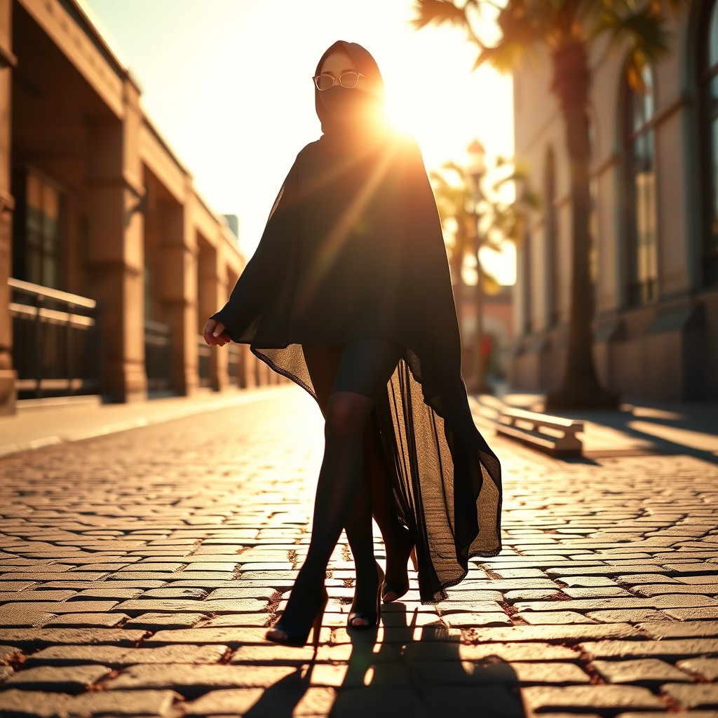 A woman elegantly dressed in a thick black chador, layered with thick black tights and stylish black high heels, confidently walking on a sunlit sidewalk