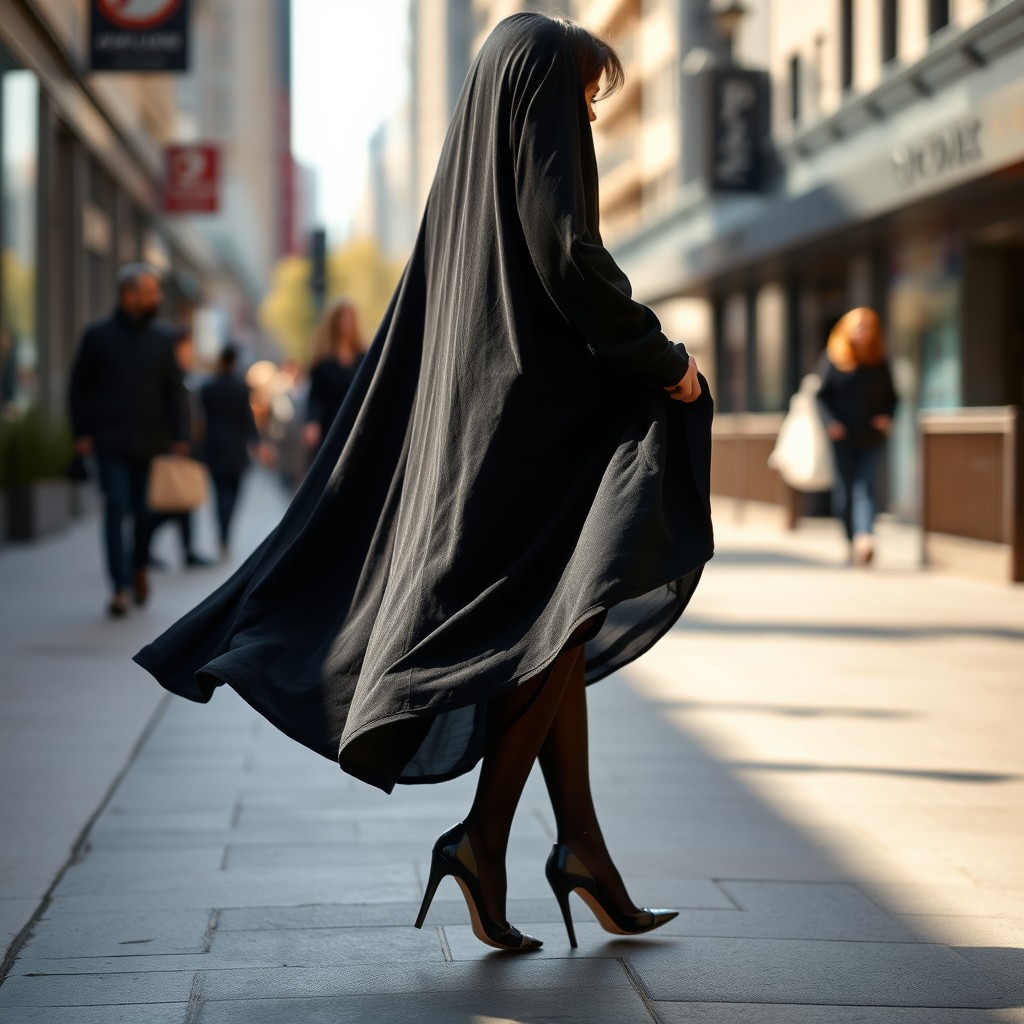 A woman elegantly walking on a sidewalk, dressed in a thick black chadori that flows gracefully around her