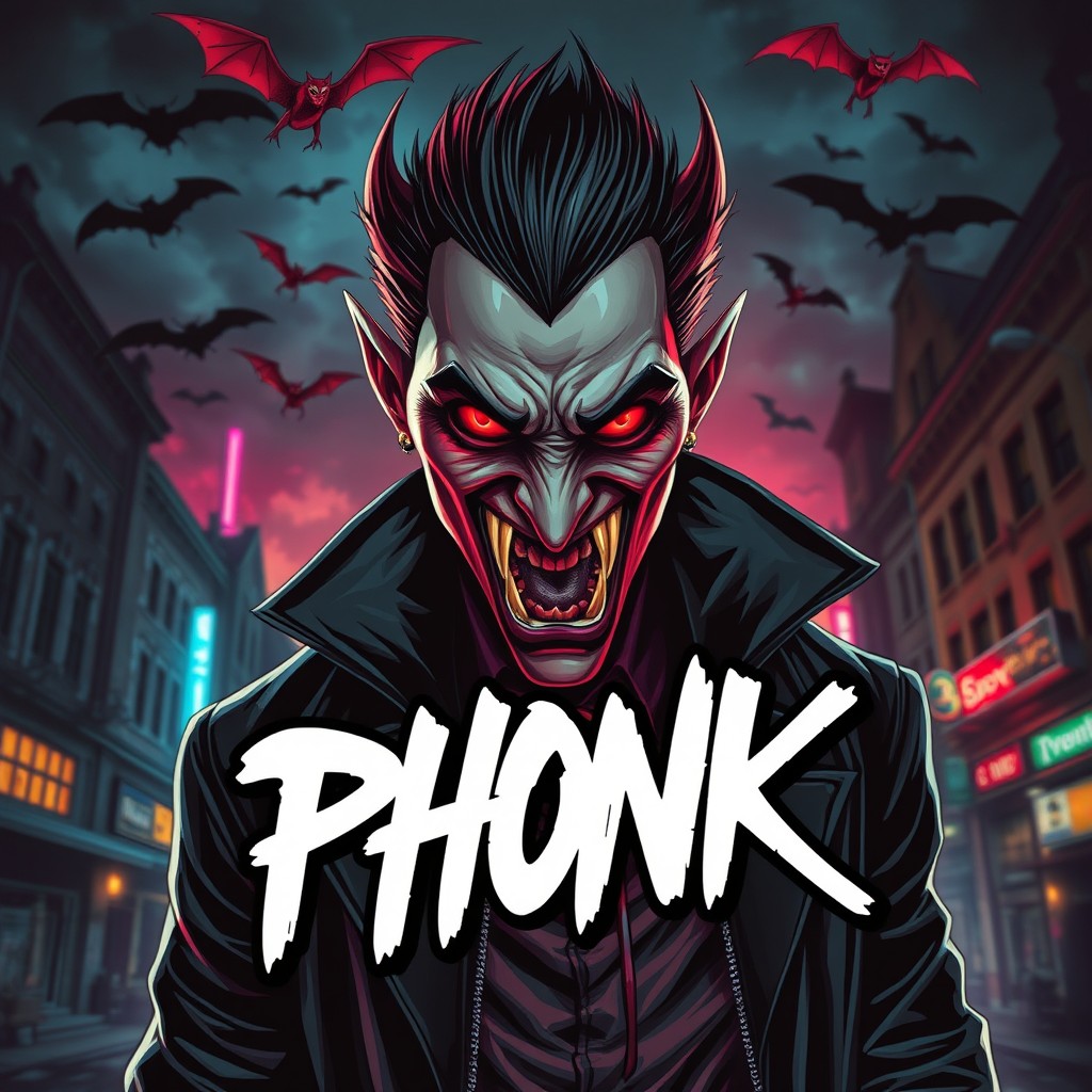 A captivating and edgy album cover for a phonk song, featuring a fierce and stylish vampire character