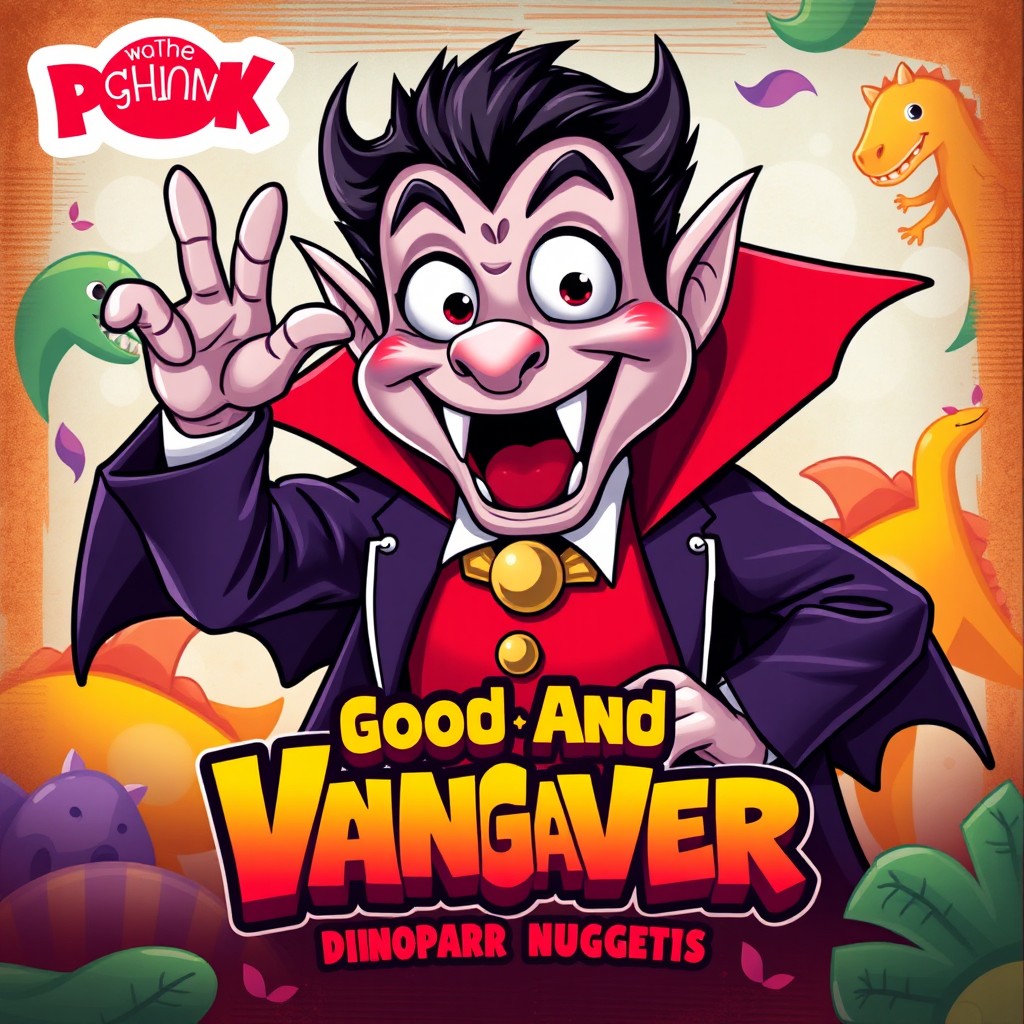 An eye-catching album cover for a phonk song featuring a playful vampire character that resembles a cartoonish mascot, styled as if it were on a Good And Gather dinosaur nugget bag