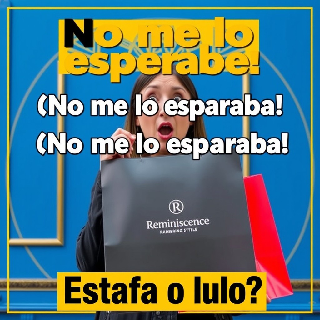 A vibrant video thumbnail featuring a person holding a shopping bag from Reminiscence, with a surprised or skeptical expression